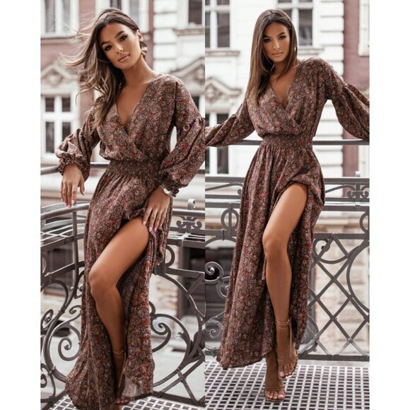 2/$40 Boho Paisley Floral Maxi Dress V-Neck Long Balloon Sleeve Slit Flowy Sz L - Picture 1 of 7